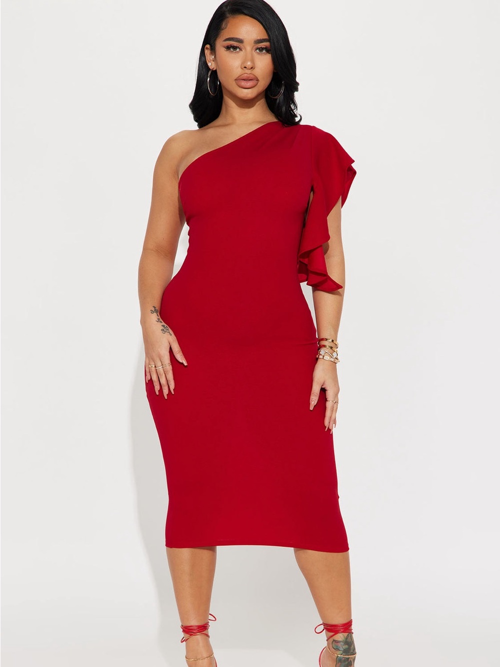 Fashion Nova One-Shoulder Red Ruffle Midi Dress